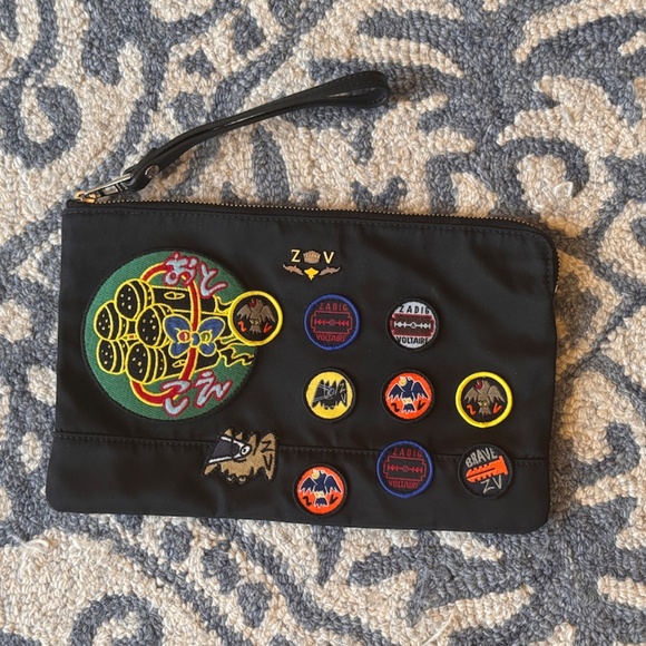 Zadig & Voltaire Black Cloth Clutch Bag with Multi patches & Top Zip Closure - Picture 1 of 8